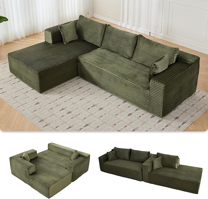 110” Cloud Sectional Couch with ChaiseOversized Modular Sofa with Deep Seat and Boneless DesignVacuum Compression Packed Corduroy Couch for Living Room BedroomNo Assembly RequiredGreen