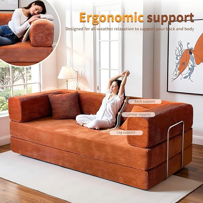 79 Inch Convertible Sofa Bed Couch in Box 5 in 1 Folding Modular Boneless Couch with Pull Out Bed 2 Pillows Soft Corduroy Floor Futon Lounge Loveseat Sleeper Lazy Cama No Assembly Orange