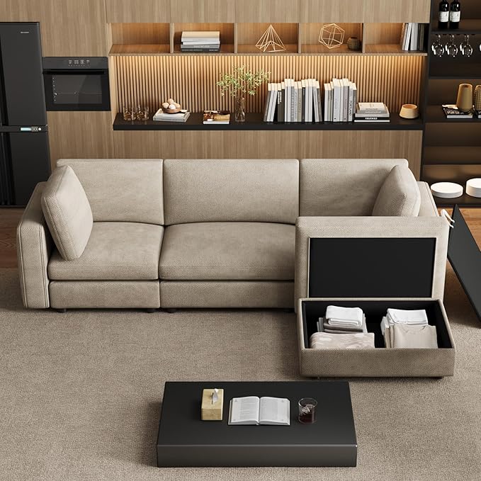 OUYESSIR 114 Oversized Modular Sectional Sofa L Shaped Sectional Couches for Living Room 4 Seat Modular Sofa with Storage Ottoman &amp Removable Cover Light Brown