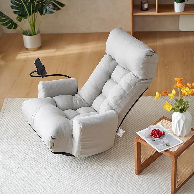 Gwen Upholstered 360° Swivel Chair Lounge Chair with Adjustable Backrest/Headrest Metal Frame Living Room Lounge Sofa and Phone Holder Comfy Bean Bag Chair Gray