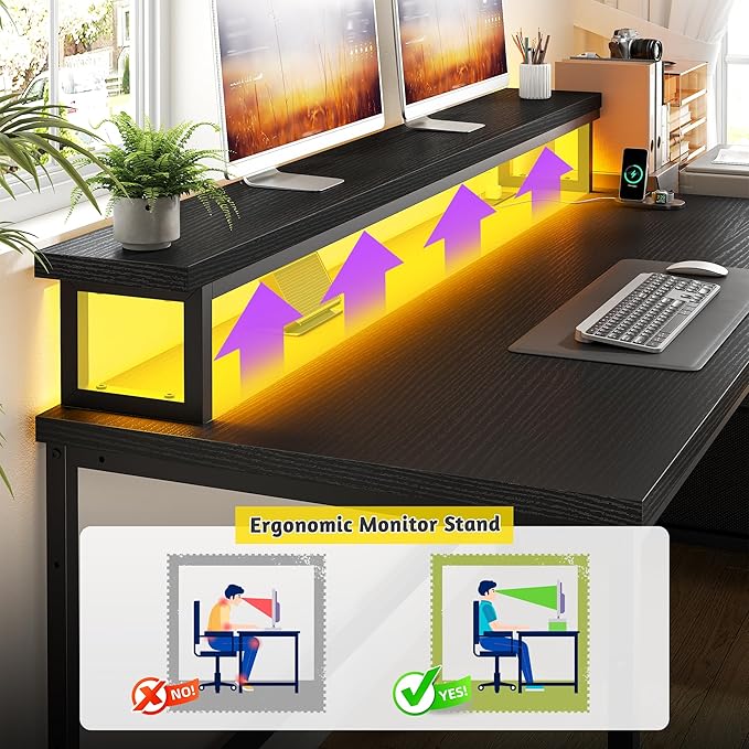 Gaming Desk with Monitor StandComputer Desk with LED Lights &ampPower OutletsOffice Desk with Drawers &amp Printer ShelfWriting Table with Side Storage Bag57 W x 20 D x 36 HBlack Desk