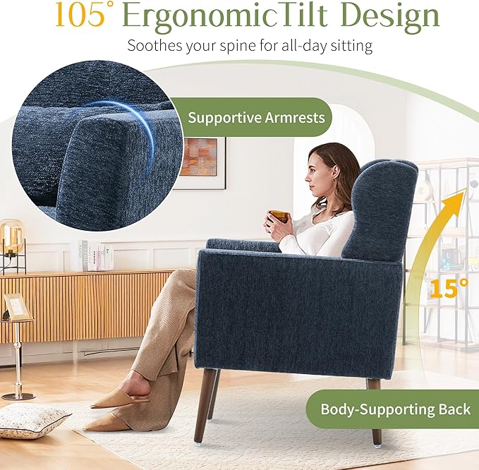 cinkehome Accent Arm Chairs for Living Room Chenille Upholstered Mordern Armchair Comfy Soft Padded Lounge Chair in Small Spaces Bedroom Pillow Solid Wood Leg Blue