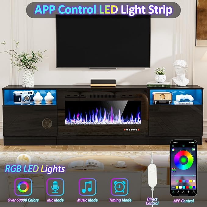 AHB Fireplace TV Stand 80 Inch LED Light Entertainment Center with 36 Electric Fireplace and Storage Cabinet Media Console Table for TVs Up to 90 Inches Ideal for Living Room