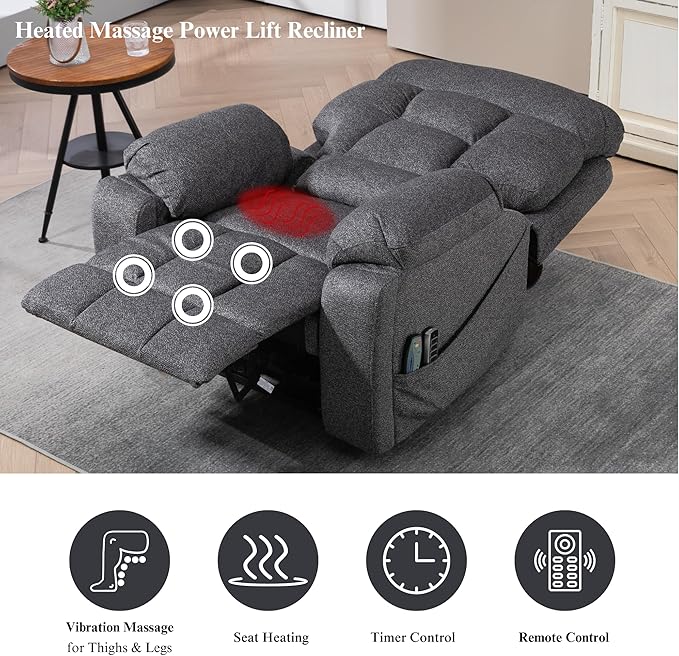 4-Motor Lay Flat Power Lift Recliner Chair with Heat &amp Massage - Power Adjustable Headrest Backrest Lumbar &amp Legrest - Big Tall Recliners 4-Point Massage (Seat Heating)