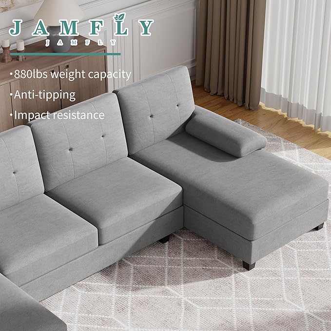 JAMFLY Sectional Sofa Couches for Living Room U Shaped Sofa Living Room Furniture Sets 4 Seat Modular Sectional Couch with Chaise Light Grey
