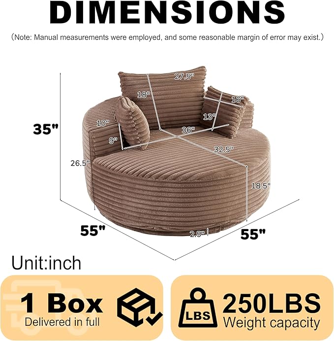 KEIKI 55 Oversized 360 Degree Swivel Chair Large Barrel Chairs Upholstered Round Swivel Chair Corduroy Single Sofa Armchair Sleeper Chair for Living Room Lounge Brown