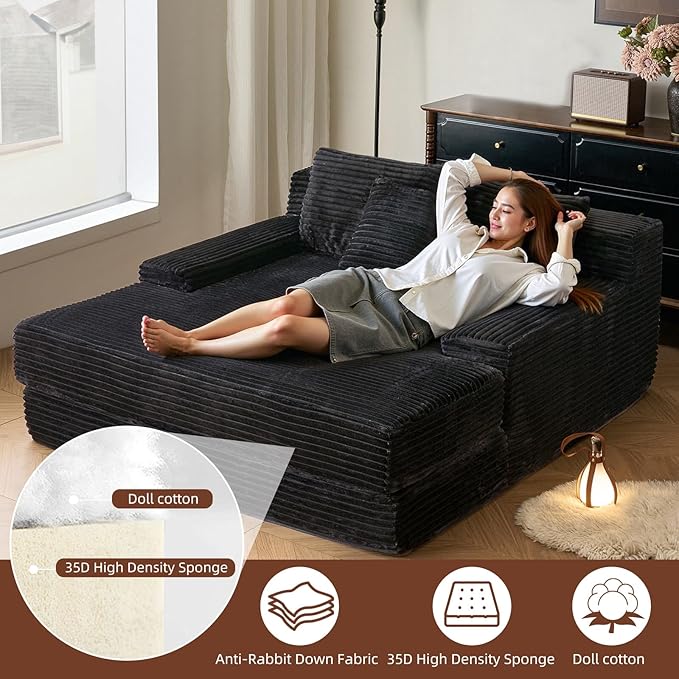 67'' Chaise Lounge Chair Indoor Oversized Upholstered Sofa Bed Modern Deep Seat Sofa Comfy Corduroy Sleeper Couch for LivingroomBedroomNo Assembly (Black)