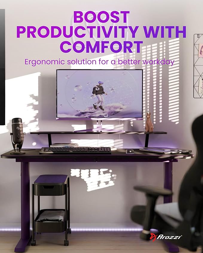 Arozzi Arena Medium Gamer Desk - 55x30” Steel Frame PC Gaming Desk with Storage for Cables &amp Dual-Monitor Support - Full-Surface Washable Mousepad - Purple