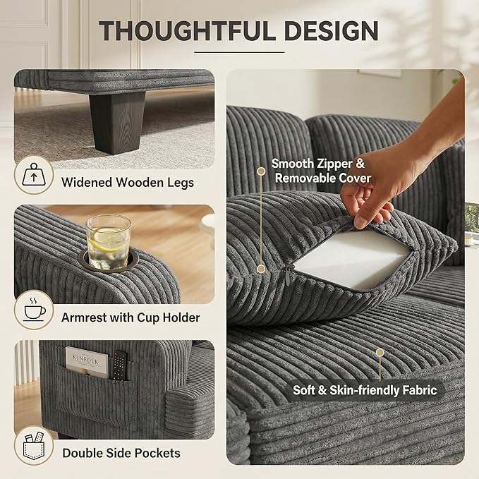 JUMMICO Corduroy Couches for Living Room 3 Seater Couch with Cup Holders and Removable Cover Small Sofa with Deep Seats for Apartment Terrace or Loft (Gray)