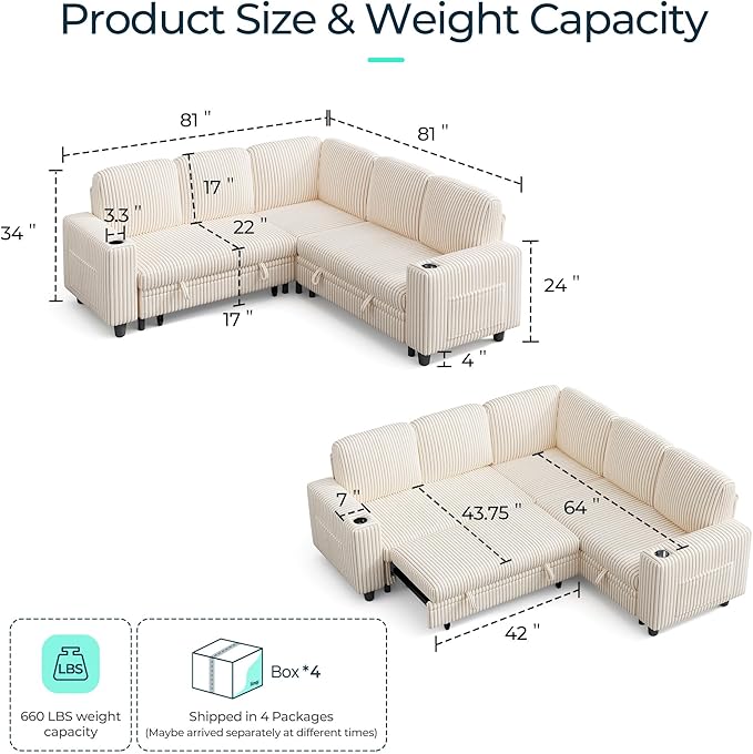 LINSY HOME Sectional Sleeper Sofa with Pull Out Couch Bed for Living Room (Beige) | Plush Corduroy Storage Ottoman Storage Chaise Pull Out Couch USB Charging