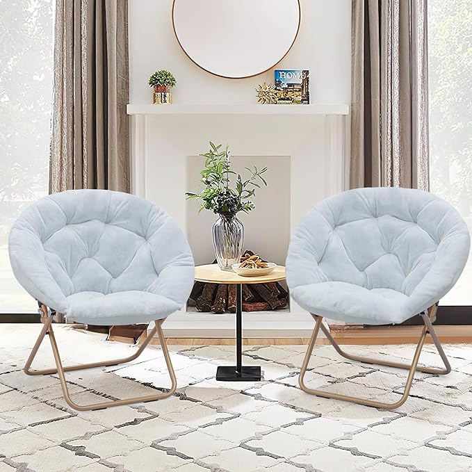Comfy Saucer Chair Set of 2 Metal Frame Cozy Lounge Lazy Chair Folding Faux Fur Round Saucer Chair for Adults Foldable Papasan Moon Chair for Living Room Dorm Bedroom