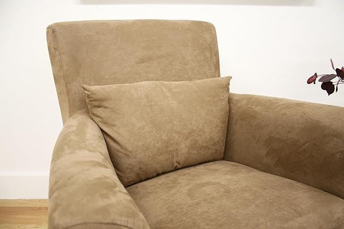 BOWERY HILL Contemporary Microfiber Upholstered Club Arm Chair Tan Finish Foam Cushioned Solid Wood Frame Matching Pillow Included Tapered Black Plastic Legs 33 H x 31 W x 30 D for Living