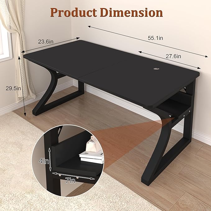 AZN Computer Desk 55'' Computer Desk Home Office Desks w/Storage Home Office Desks w/U-Size Metal Frame for Home Office Bedroom Study Writing Work Table w/Water-Resistant Scratchproof Surface