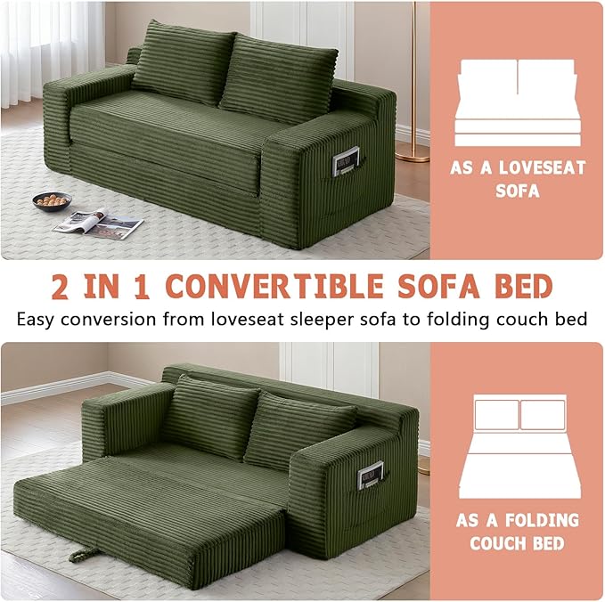 73 Boneless Loveseat Couch 2 in 1 Pull Out Sleeper Sofa with Side Pockets &amp 2 Pillows Folding Convertible Corduroy Floor Couch for Apartment Living Room Bedroom No Assembly(Green)