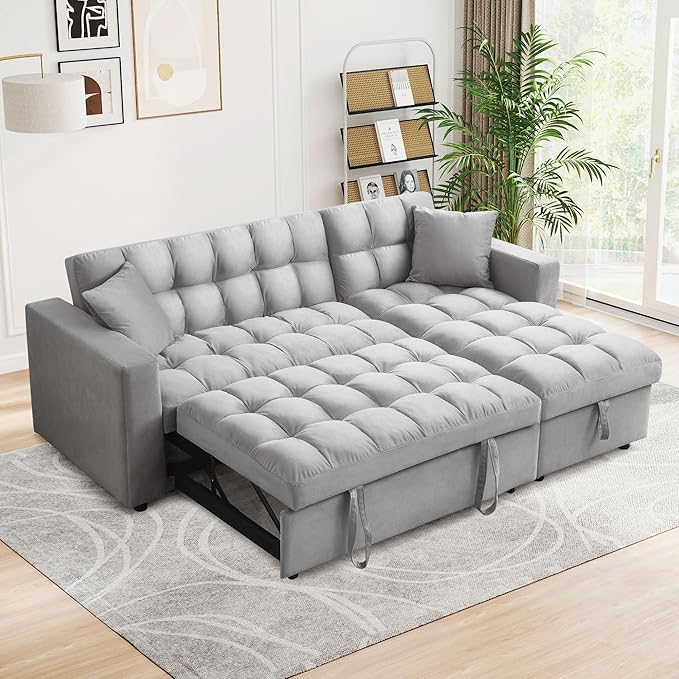 Convertible Sleeper Sofa Bed82.6W Velvet Tufted L Shaped Sectional Couch with Adjustable Back &amp Reversible Storage ChaiseModern Futon Pull Out Couch Bed for Living RoomApartmentSmall Place(Gr