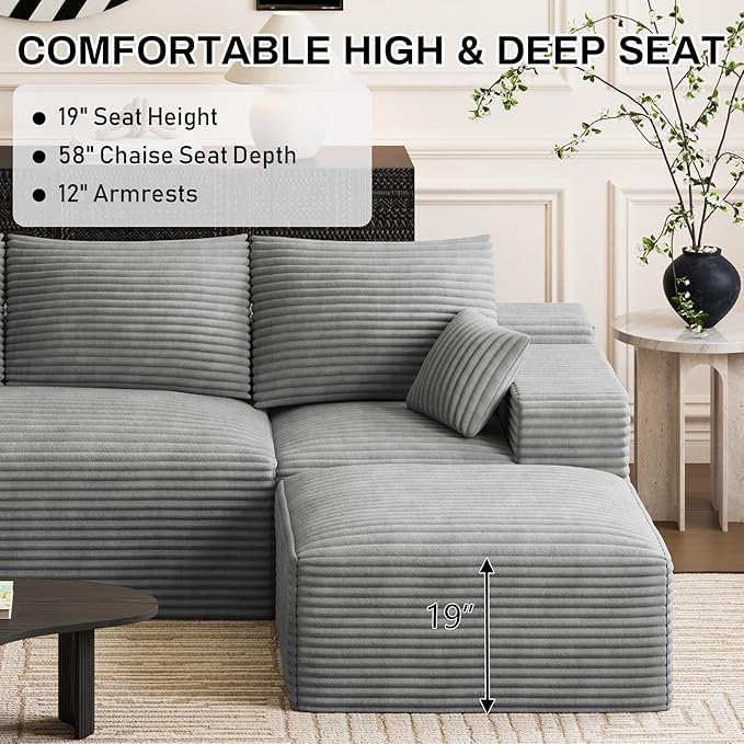 Modular Sectional Sofa Cloud Couch 108'' Comfy U Shaped Sectional Couches for Living Room Deep Seat Cozy Fluffy Corduroy Boneless Couch Sectionals Sofa with Movable Ottomanm Light Grey