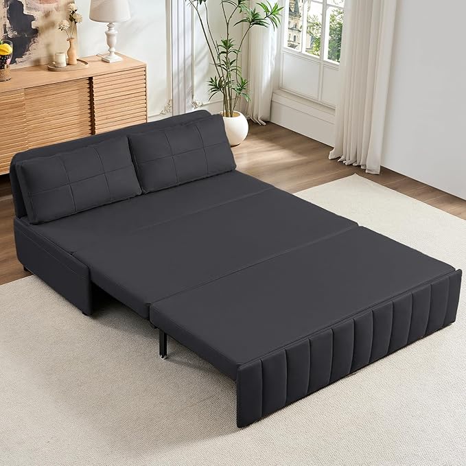 ijuicy 3 in 1 Queen Size Pull Out Sofa Bed Leathaire Sleeper Sofa with Pullout Bed Convertible Loveseat Couch with Pillows and Tri-fold Mattress for Small Spaces Apartment Dark Grey