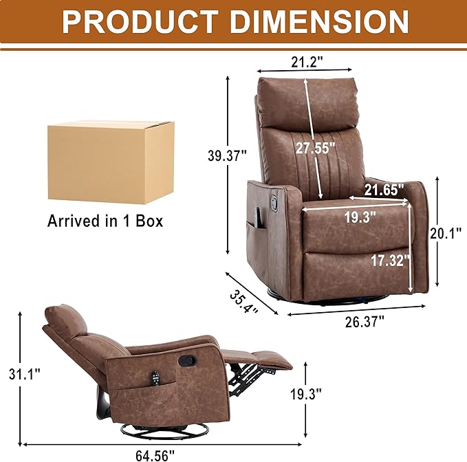 Manual Swivel Rocker Recliner Chair for Adults Overstuffed Glider Chair for Nursery with Massage and Heat Living Room Reclining Chair Faux Leather Brown