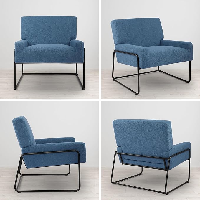 LSSBOUGHT Sherpa Accent Chair Modern Upholstered Single Sofa with Metal Legs Teddy Barrel Arm Chair for Reading Living Room Bedroom Office Blue