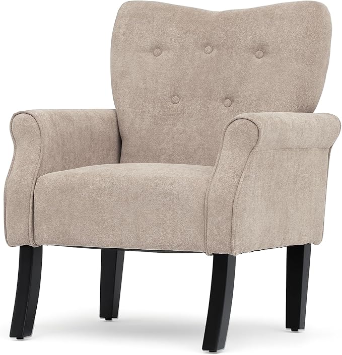 Athena Collection Mid Century Modern Chair for Living Room Upholstered Wingback Reading Chair for Adults Comfy Linen Fabric Armchair with Wooden Legs for Bedroom Dorm Balcony Beige