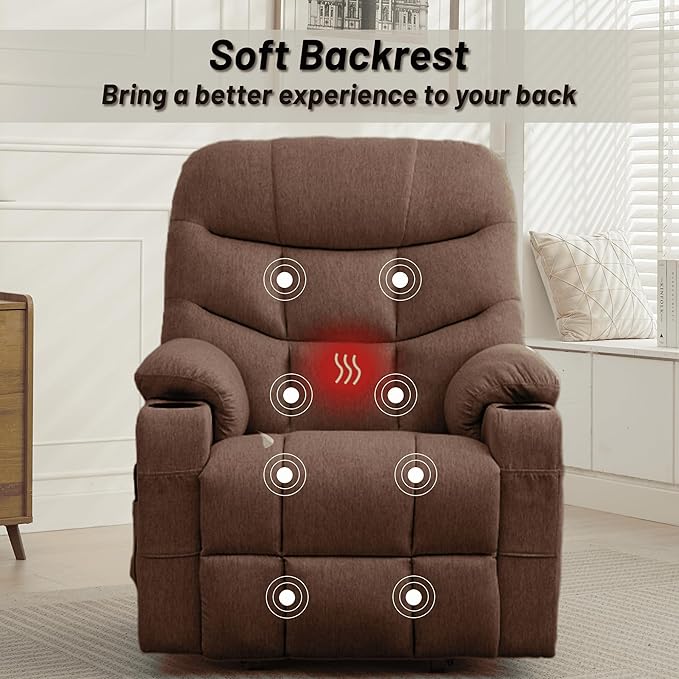 Power Recliner Chair with Massage and Heating Power Lift Recliner Chair for Elderly and Adults Electric Recliner with Remote Control and Cup Holders for Living Room Linen Fabric Brown