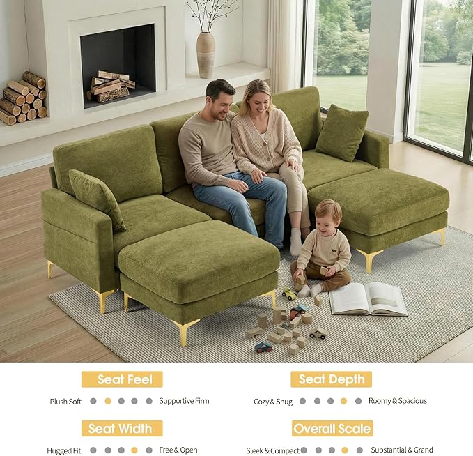 VINGLI 100 W U Shaped Couch with Ottoman 22 Deep Seat Comfortable Sectional Couches for Living Room 3 Seater Chenille Fabric Cloud Sofa for Apartment Small Spaces Bedroom Green