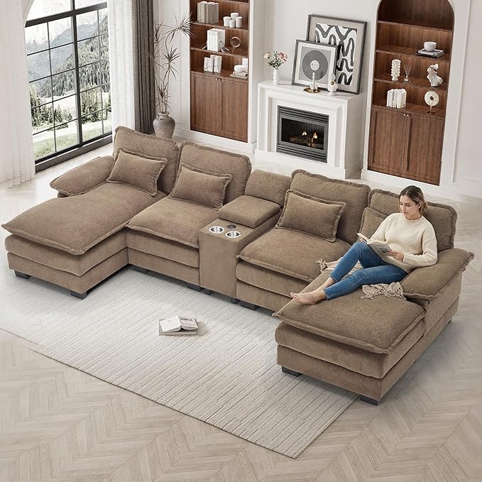133 Oversized U Shaped Cloud Couch Modular Sectional Couches for Living Room Comfy Chenille Deep Seat Sofa Set with Double Chaise Lounge Storage Central Console Cup Holders USB Port Brown