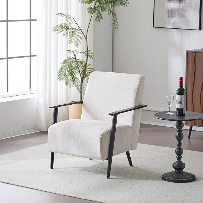 Merax Modern Mid Century Lounge Chair with Metal Frame Cozy Upholstered Armchair for Bedroom Living Room Office Easy Assemble Beige