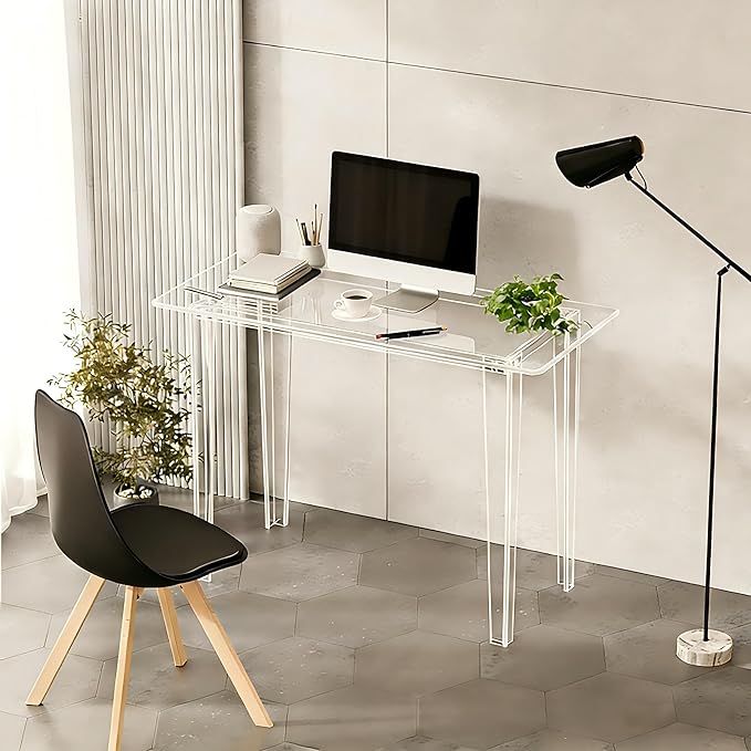 Acrylic Desk - Clear Acrylic Table Modern Home Office Study Table Extended Surface Multi-Purpose Console Sturdy Lightweight Workstation for Small Spaces (Transparent-L)