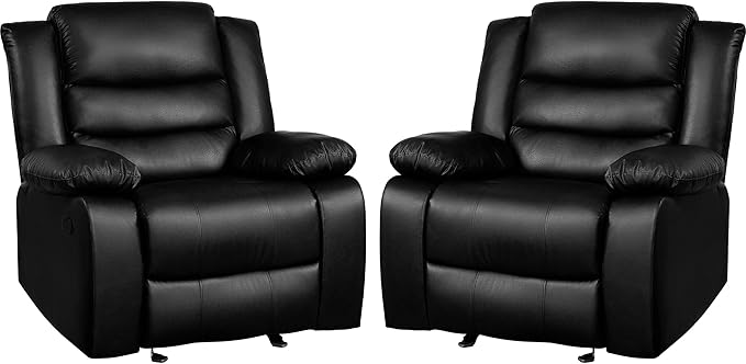 PrimeZone Oversized Rocker Recliner Chair - Comfy Wide Lazy Boy Recliner Chair with Overstuffed Armrest Faux Leather Manual Reclining Chairs for Living Room Bedroom Home Theater Black Set of 2