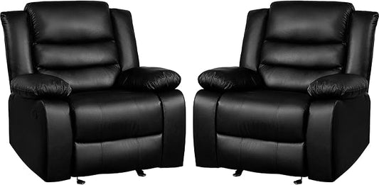 PrimeZone Oversized Rocker Recliner Chair - Comfy Wide Lazy Boy Recliner Chair with Overstuffed Armrest Faux Leather Manual Reclining Chairs for Living Room Bedroom Home Theater Black Set of 2