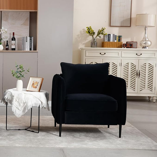 Modern Velvet Accent Chair Single Sofa Chairs Armchair with Square Arm Upholstered Accent Chairs for Living Room Bedroom Apartment (Black Chair)