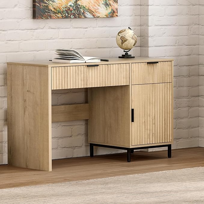 47 Home Office Desk with Fluted Drawers Wood Exectuive Desk with Storage Cabinet Charging Station Metal Legs Modern Farmhouse Computer Desk for Work Study Light Oak