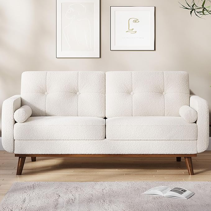 65 Mid Century Modern Couch Sofa Loveseat Comfy Love Seat Couches for Living Room 2 Seater Teddy Fleece Boucle Upholstered Deep Seat Couch for Bedroom Office Small Space Beige Cream