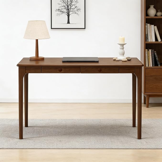 Natural Solid Wood Desk with Drawers Mid Century Modern Real Wood Writing Desk Home Computer Office Desks for Work Standing Desk for Bedroom Small Spaces (Walnut Color 47.24×22.05(120×56cm))