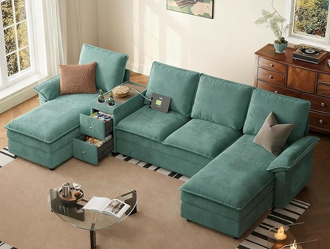 LINSY HOME U Shaped Modular Couches 128.5 Sectional Cloud Sofa with Versatile Console Chenille 4-Seat Sofa Set for Living Room Apartment Office Grey