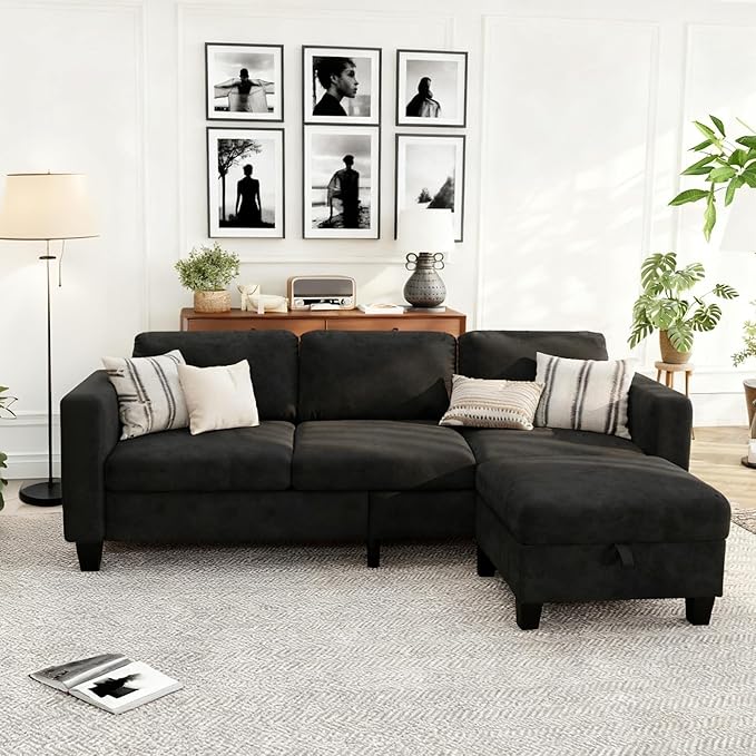 Velvet Small Sectional Couch L Shaped Sectional Black Couch in a Box Small Couches with Ottoman 3 Seater Sofa for Living Room Apartment Dorm Office