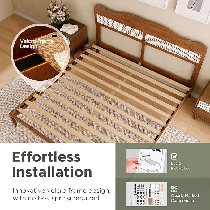 Sophia &amp William Wooden Bed Frame KingRattan King Bed Frame with Adjustable Headboard Solid Wood Slats Support No Box Spring NeededBrown