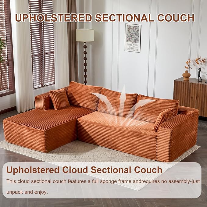 110 Modular Sectional Sofa with L-Shape Chaise Boneless Cloud Couch with Deep Seat Sponge Compression Sofas No Assembly Required Upholstered Couches for Living Room Bedroom Corduroy (Brown)