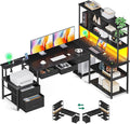 AODK 71 inch L Shaped Desk with 5 Drawers Reversible L Shaped Gaming Desk with LED Light &amp 2 Power Outlets Computer Desk with Storage Shelves for Home Office Black