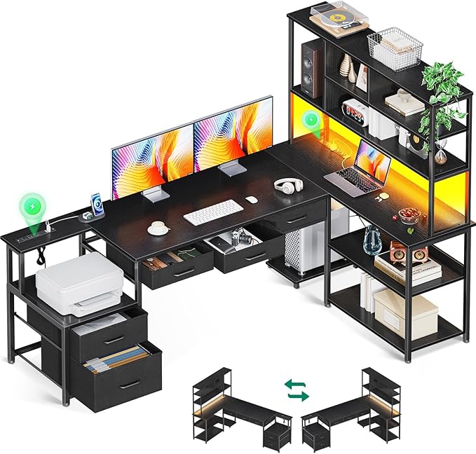 AODK 71 inch L Shaped Desk with 5 Drawers Reversible L Shaped Gaming Desk with LED Light &amp 2 Power Outlets Computer Desk with Storage Shelves for Home Office Black