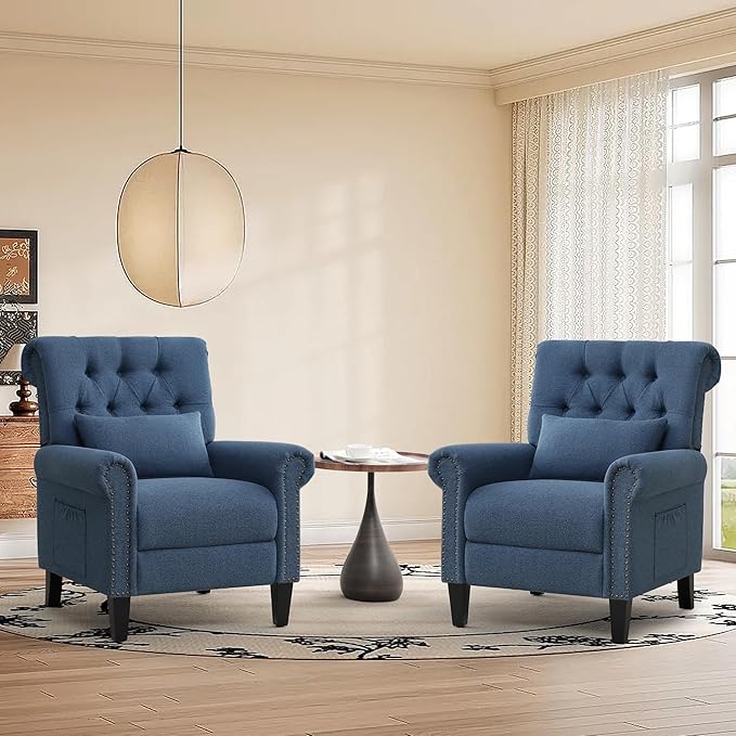 Pushback Recliner Chair Accent Push Back Chair with Adjustable Footrest Upholstered Linen Fabric Reclining Sofa with Side Pocket Comfy Modern Armchair for Living Room Navy Blue