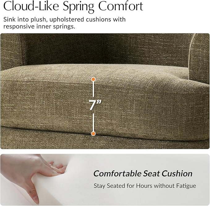 HULALA HOME Swivel Barrel Chair with Rolled Arms Upholstered Fabric Swivel Round Armchair with Removable Cushion Solid Wood Base for Living Room Bedroom Moss