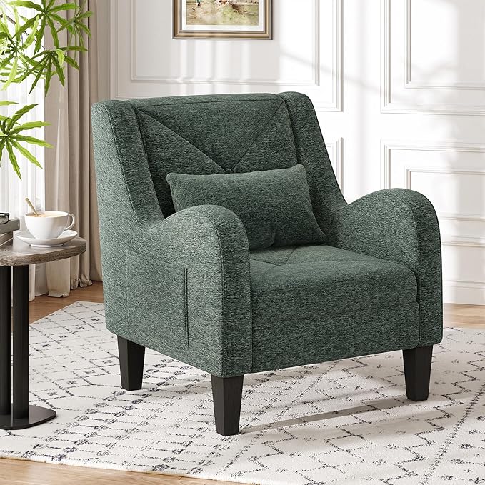 Maupvit Chenille Accent Chair for Living Room Bedroom Chair Comfy Reading Chair Upholstered Arm Chair Single Sofa Chair with Lumbar Pillow Mid Century Modern Chair for Small Spaces Green