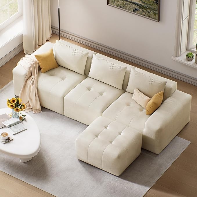 Maupvit 108 Modular Sectional Sofa Modern Cloud Couch L-Shaped Convertible Sleeper Sofa Bed with Movable Ottoman Deep Seat Boneless Comfy 3 Seater Couches for Living Room Beige | Breathable materi