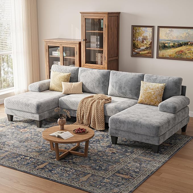 Sectional Couches for Living Room | 112 Inch U-Shaped Sectional Couch | 4 Seat Sofa Set with Double Chaise for Apartment | Light Grey Chenille