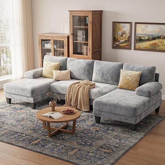 Sectional Couches for Living Room | 112 Inch U-Shaped Sectional Couch | 4 Seat Sofa Set with Double Chaise for Apartment | Light Grey Chenille