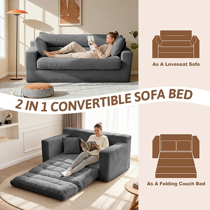 Convertible Sofa Bed Pull Out Boneless Couch Loveseat Floor Sofa Bed with Pillows 2-Seater Folding Sofa Loveseat Boneless Couch for Living Room Bedroom Apartment Office(Grey)