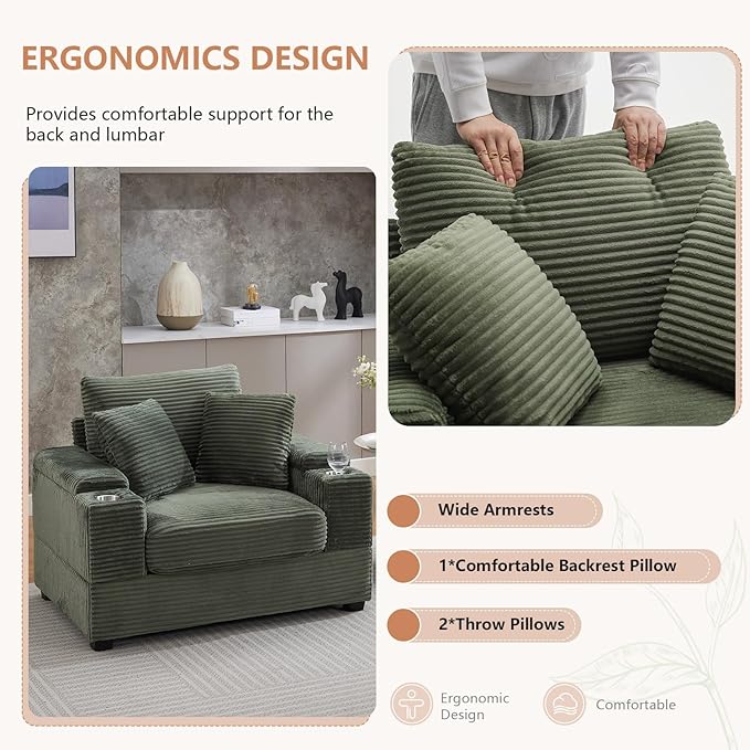 50 Oversized Chaise Lounge Chair Indoor with Ottoman and Storage Deep Seat Upholstered reading Chair Comfy Corduroy Sleeper Chair with Cup Holder Reclining Chair for Living Room Bedroom Green