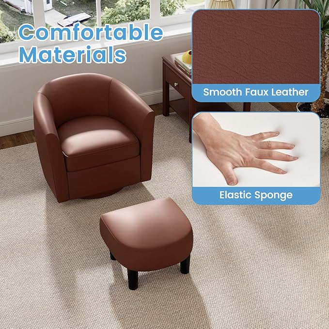 Giantex Swivel Small Accent Chair with Ottoman Modern Faux Leather Barrel Club Chair w/Footrest Removable Seat Cushion Swivel Single Sofa Arm Chair for Living Room Bedroom Office (Brown)